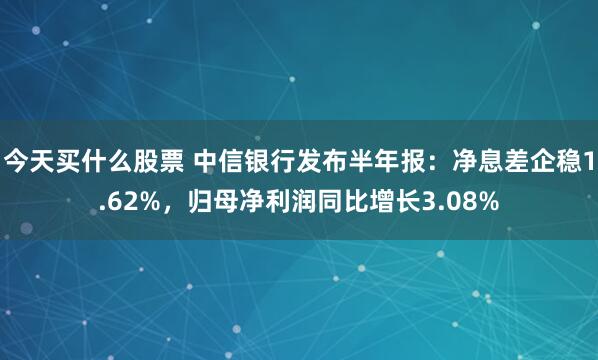 今天买什么股票 中信银行发布半年报：净息差企稳1.62%，归母净利润同比增长3.08%